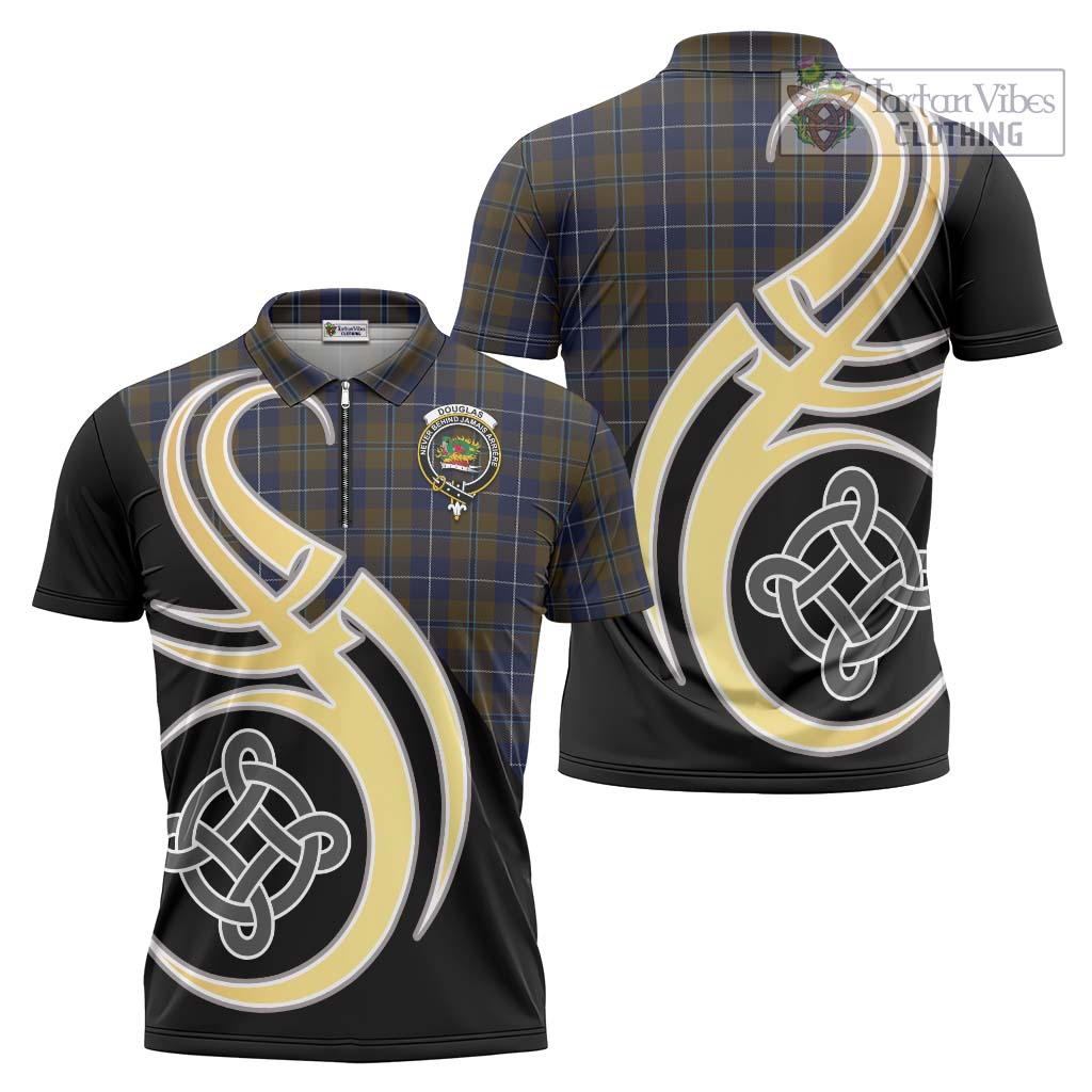 Tartan Vibes Clothing Douglas Brown Tartan Zipper Polo Shirt with Family Crest and Celtic Symbol Style