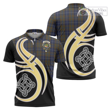 Douglas Brown Tartan Zipper Polo Shirt with Family Crest and Celtic Symbol Style