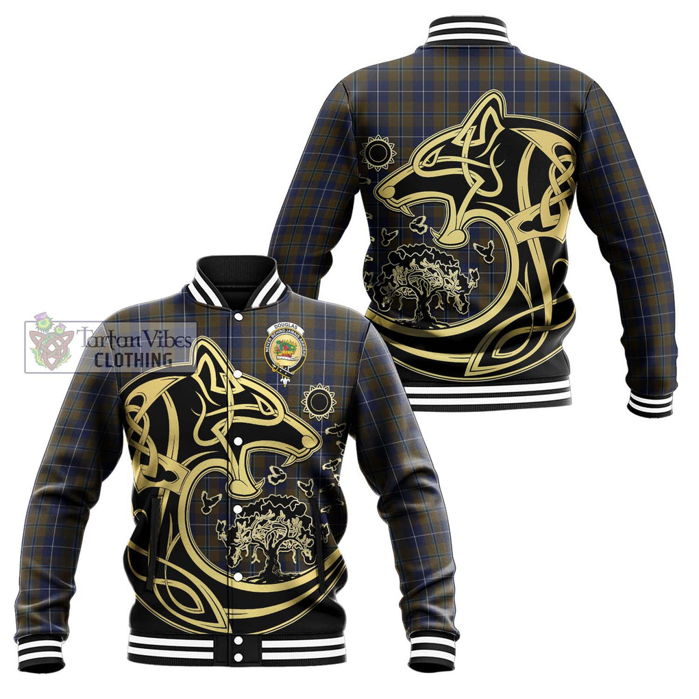 Douglas Brown Tartan Baseball Jacket with Family Crest Celtic Wolf Style Unisex - Tartan Vibes Clothing