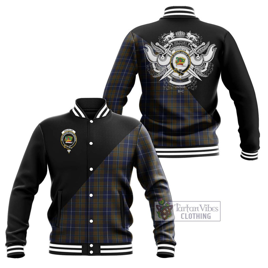 Douglas Brown Tartan Baseball Jacket with Family Crest and Military Logo Style Unisex - Tartanvibesclothing Shop