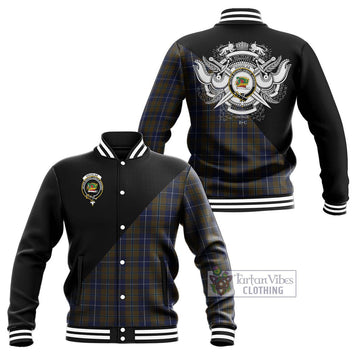 Douglas Brown Tartan Baseball Jacket with Family Crest and Military Logo Style