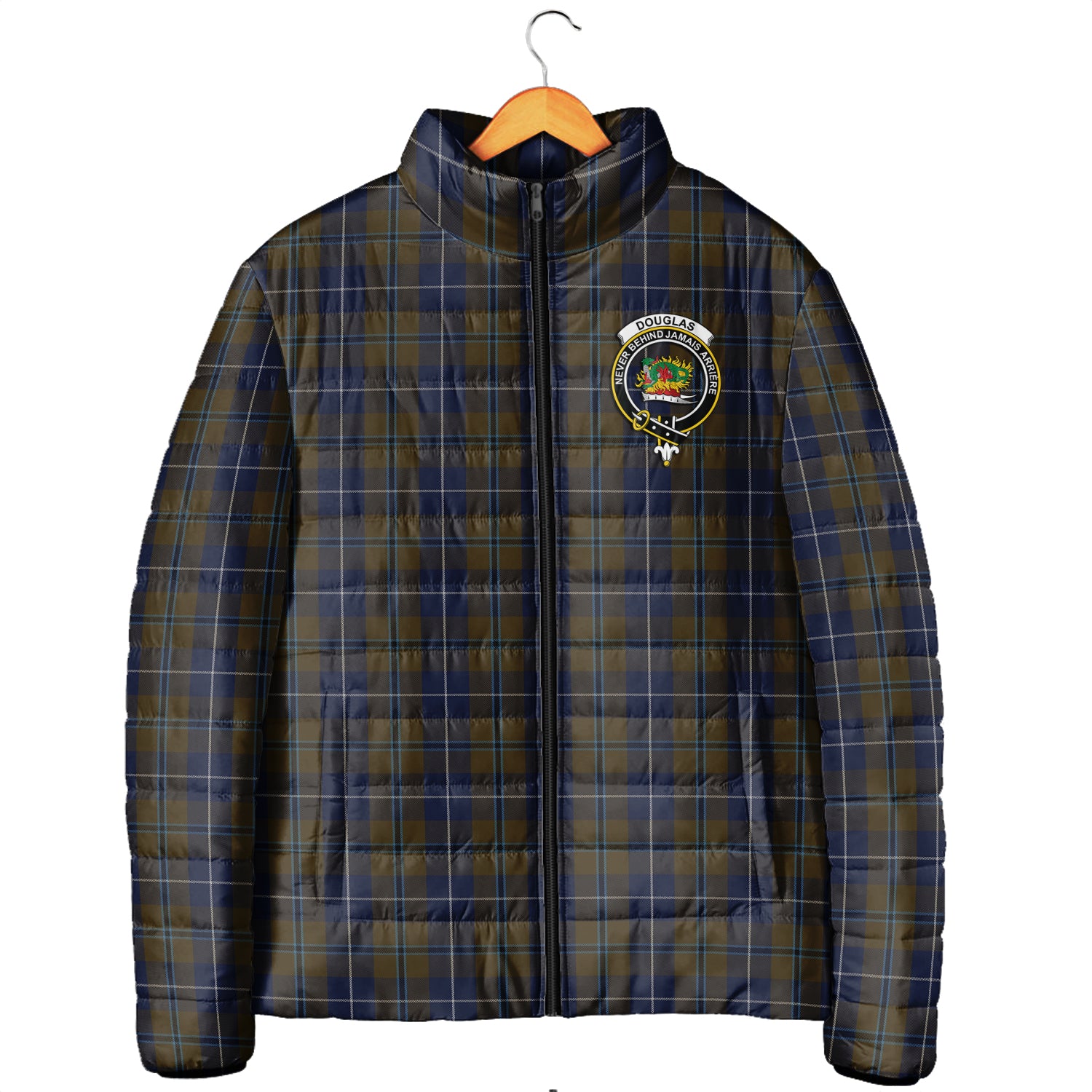 Douglas Brown Tartan Padded Jacket with Family Crest Men's Padded Jacket - Tartan Vibes Clothing