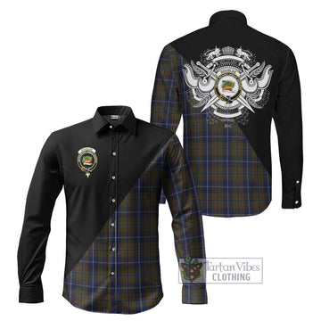 Douglas Brown Tartan Long Sleeve Button Shirt with Family Crest and Military Logo Style