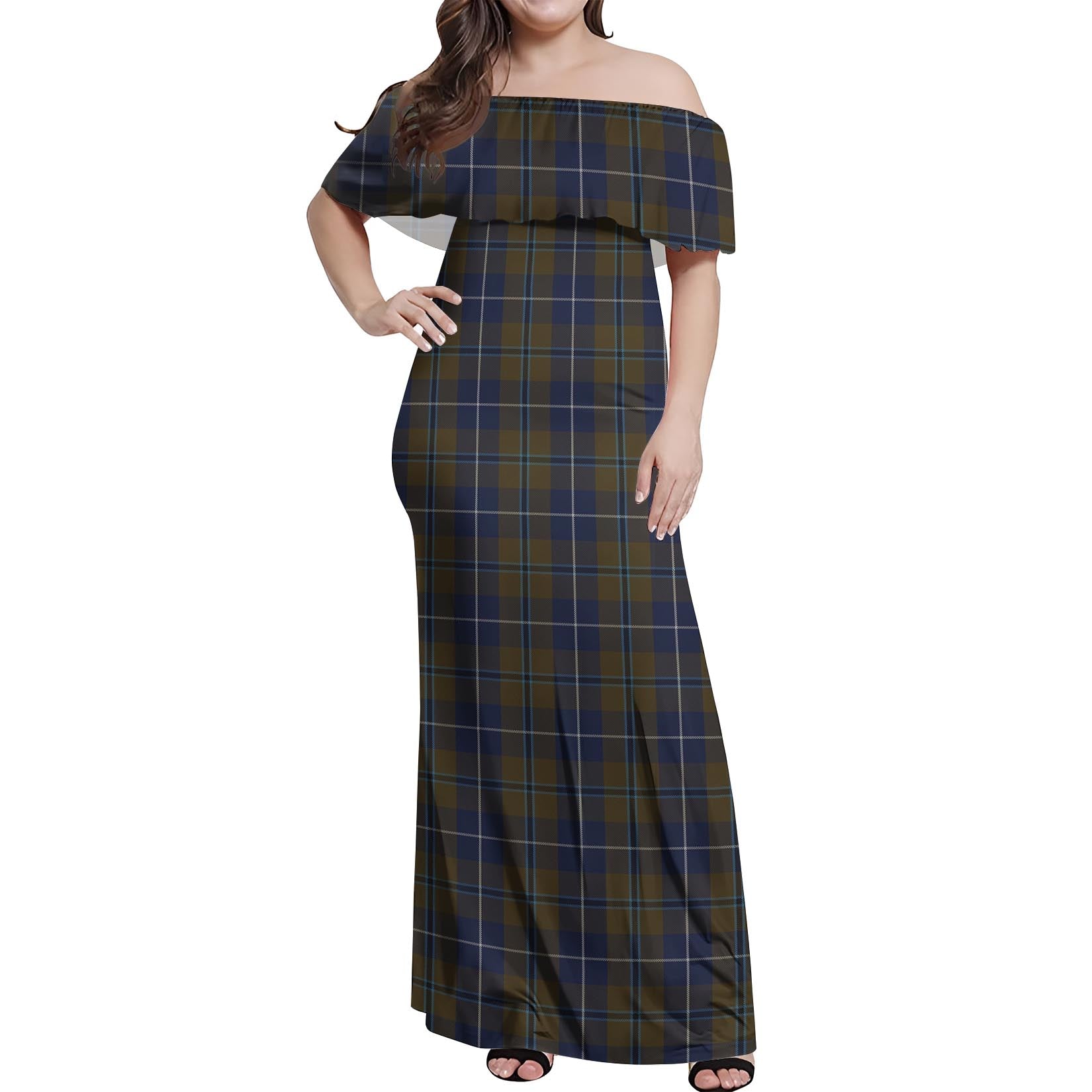 Douglas Brown Tartan Off Shoulder Long Dress Women's Dress - Tartanvibesclothing