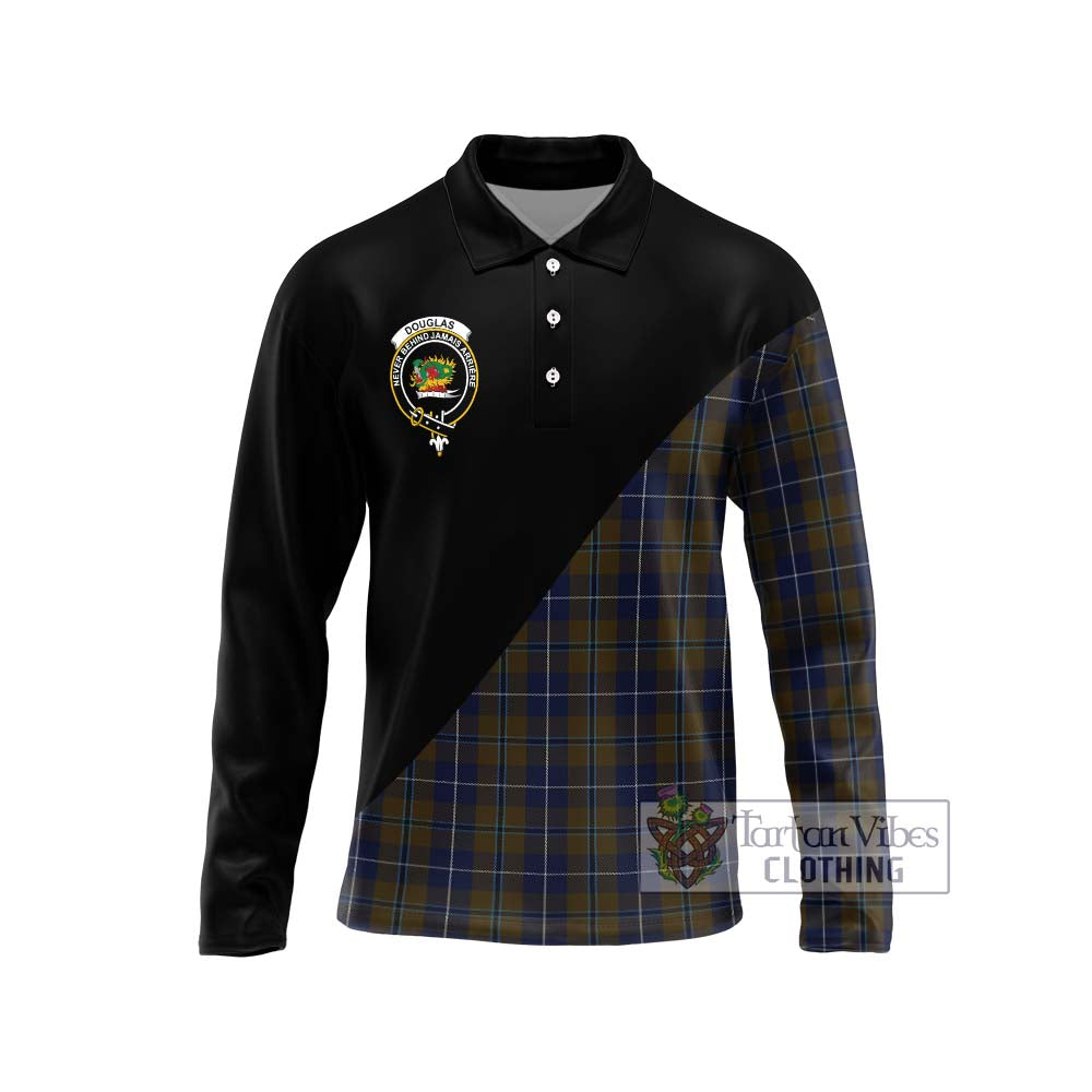 Douglas Brown Tartan Long Sleeve Polo Shirt with Family Crest and Military Logo Style Unisex - Tartanvibesclothing Shop