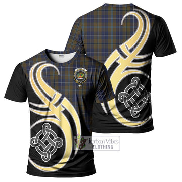 Douglas Brown Tartan T-Shirt with Family Crest and Celtic Symbol Style