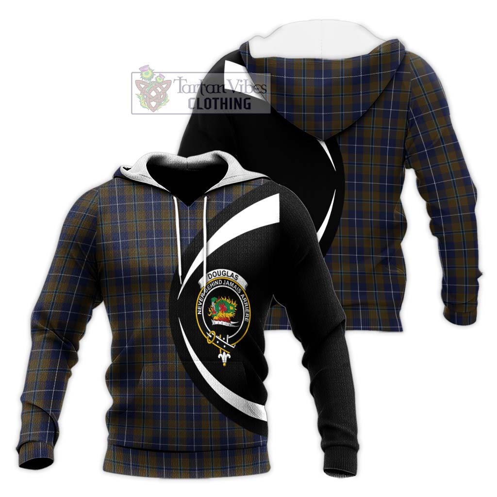 Douglas Brown Tartan Knitted Hoodie with Family Crest Circle Style Unisex Knitted Pullover Hoodie - Tartan Vibes Clothing