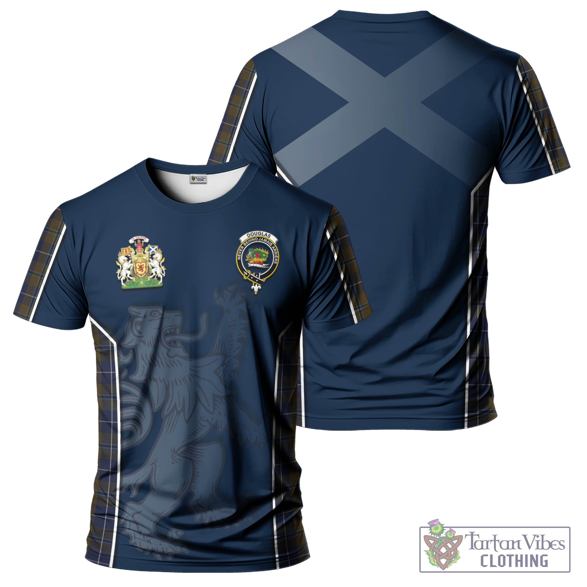 Tartan Vibes Clothing Douglas Brown Tartan T-Shirt with Family Crest and Lion Rampant Vibes Sport Style