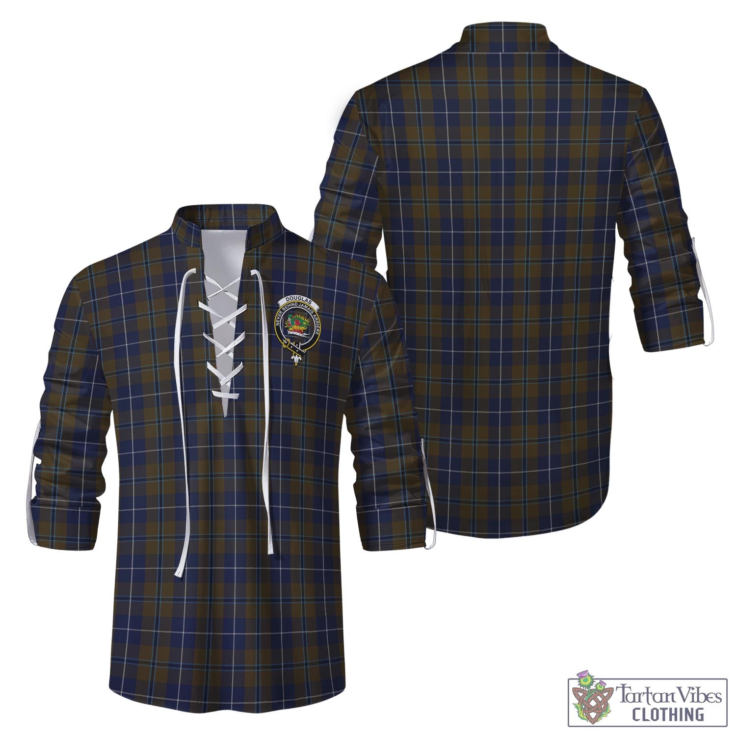 Tartan Vibes Clothing Douglas Brown Tartan Men's Scottish Traditional Jacobite Ghillie Kilt Shirt with Family Crest