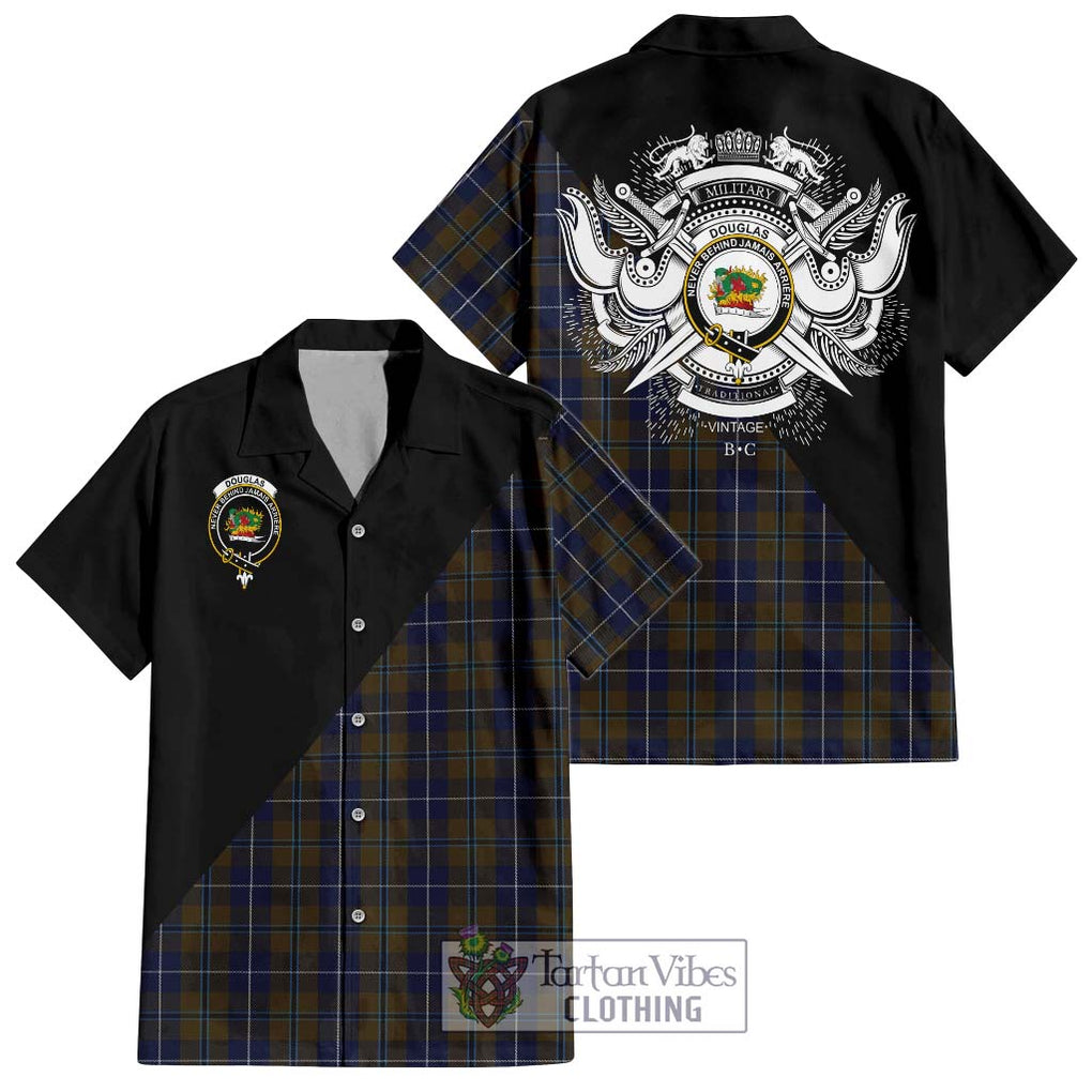 Douglas Brown Tartan Short Sleeve Button Shirt with Family Crest and Military Logo Style Kid - Tartanvibesclothing Shop