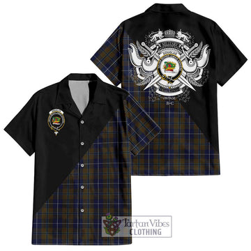 Douglas Brown Tartan Short Sleeve Button Shirt with Family Crest and Military Logo Style