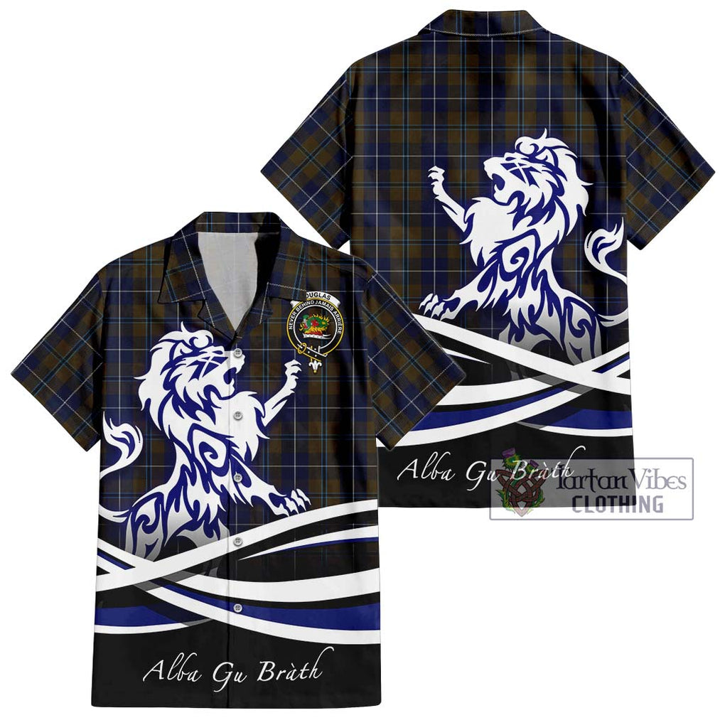 Douglas Brown Tartan Short Sleeve Button Shirt with Alba Gu Brath Regal Lion Emblem Kid - Tartanvibesclothing Shop