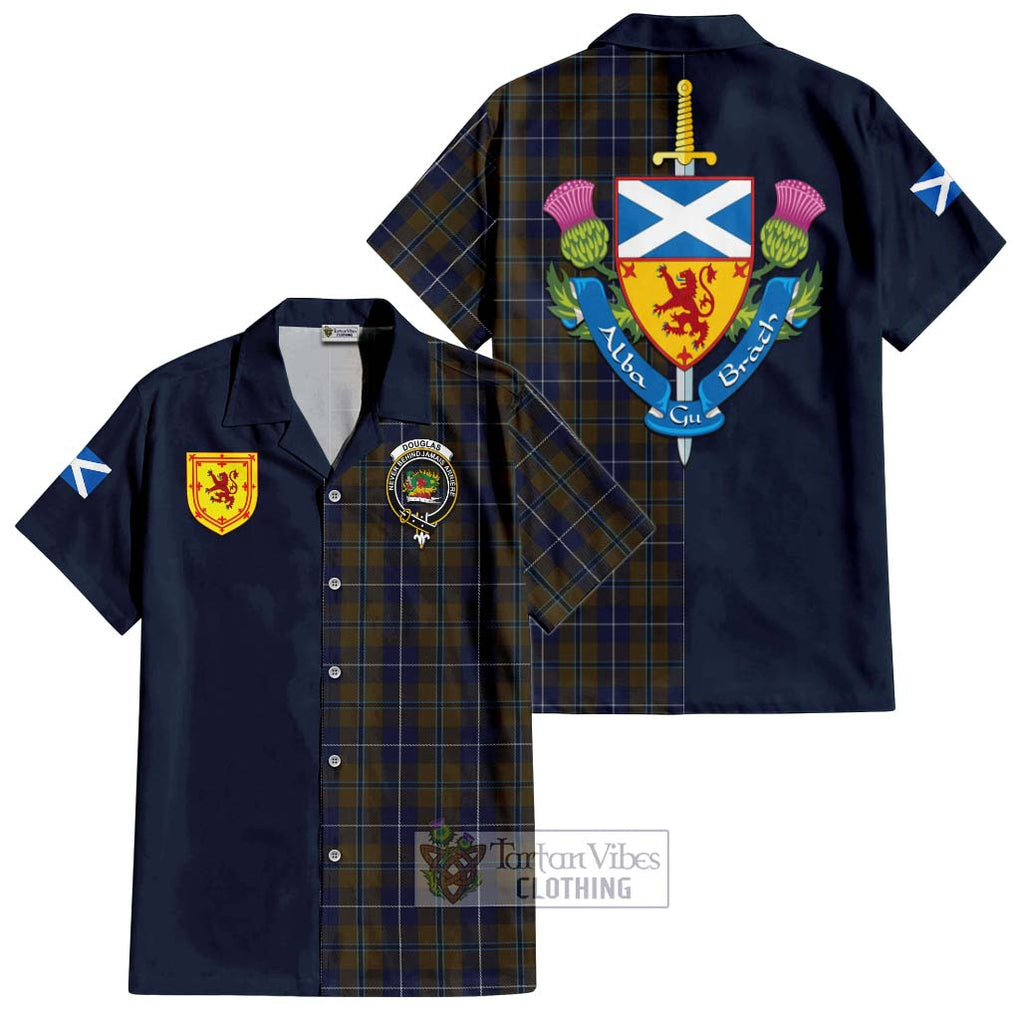 Tartan Vibes Clothing Douglas Brown Tartan Short Sleeve Button Shirt with Scottish Lion Royal Arm Half Style