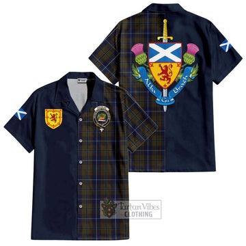 Douglas Brown Tartan Short Sleeve Button Shirt Alba with Scottish Lion Royal Arm Half Style