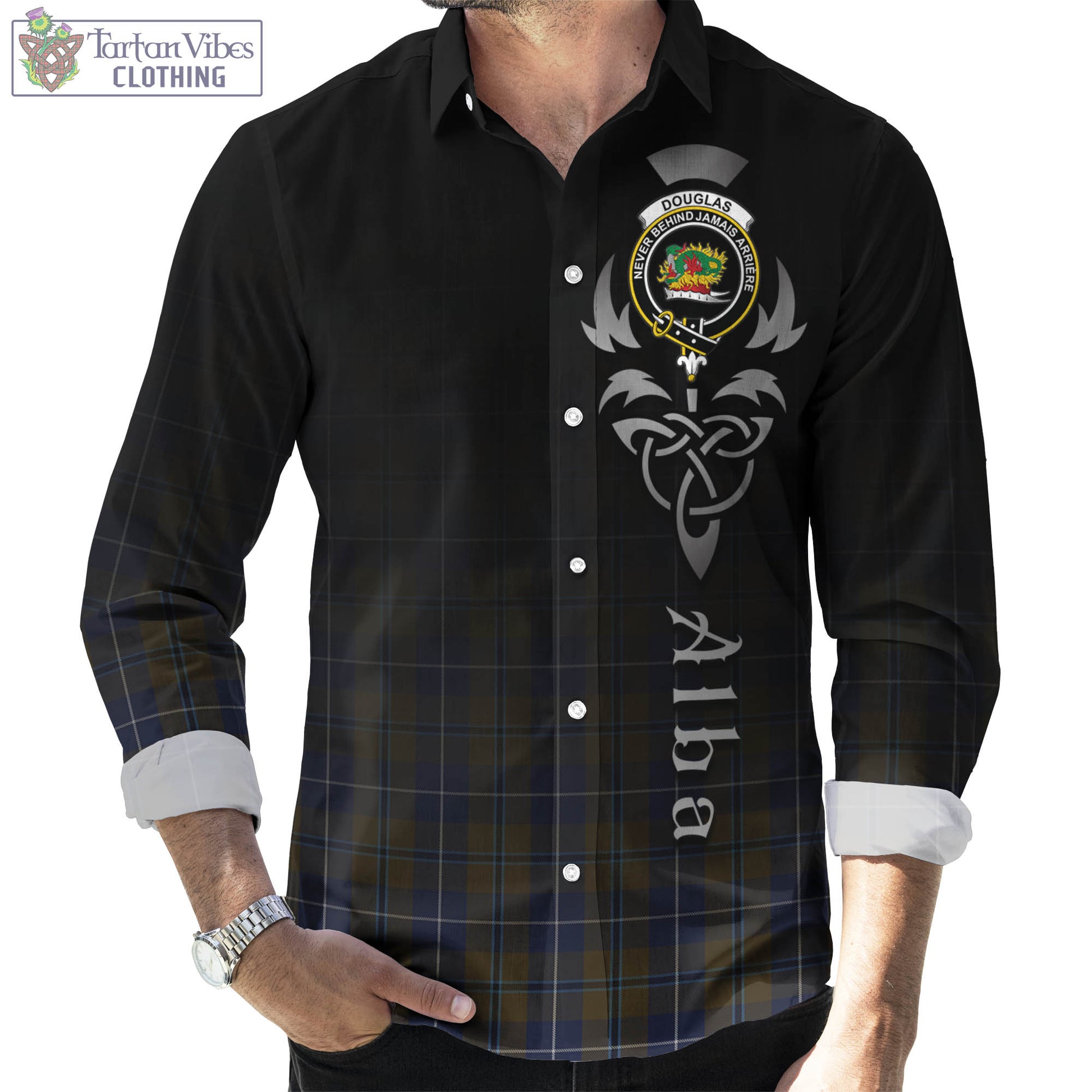 Tartan Vibes Clothing Douglas Brown Tartan Long Sleeve Button Up Featuring Alba Gu Brath Family Crest Celtic Inspired