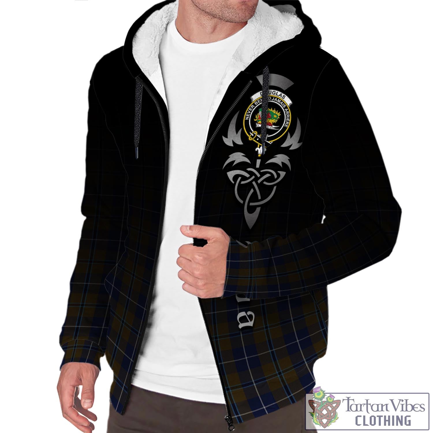 Tartan Vibes Clothing Douglas Brown Tartan Sherpa Hoodie Featuring Alba Gu Brath Family Crest Celtic Inspired