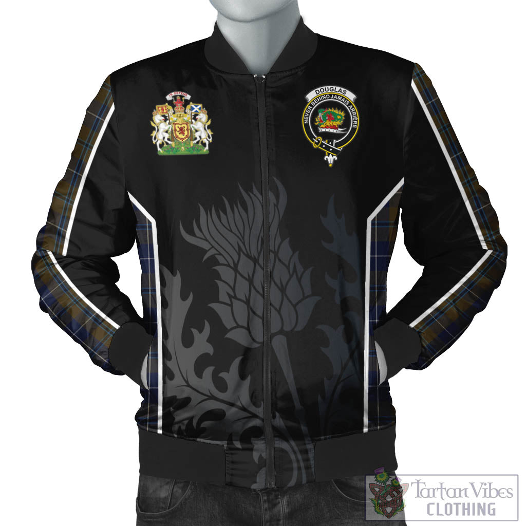 Tartan Vibes Clothing Douglas Brown Tartan Bomber Jacket with Family Crest and Scottish Thistle Vibes Sport Style