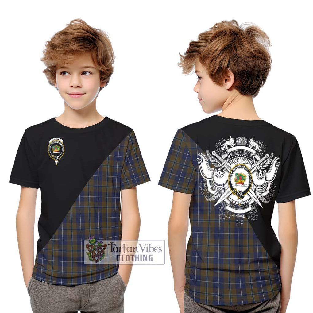 Douglas Brown Tartan Kid T-Shirt with Family Crest and Military Logo Style Youth XL Size14 - Tartanvibesclothing Shop