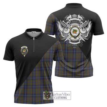 Douglas Brown Tartan Zipper Polo Shirt with Family Crest and Military Logo Style