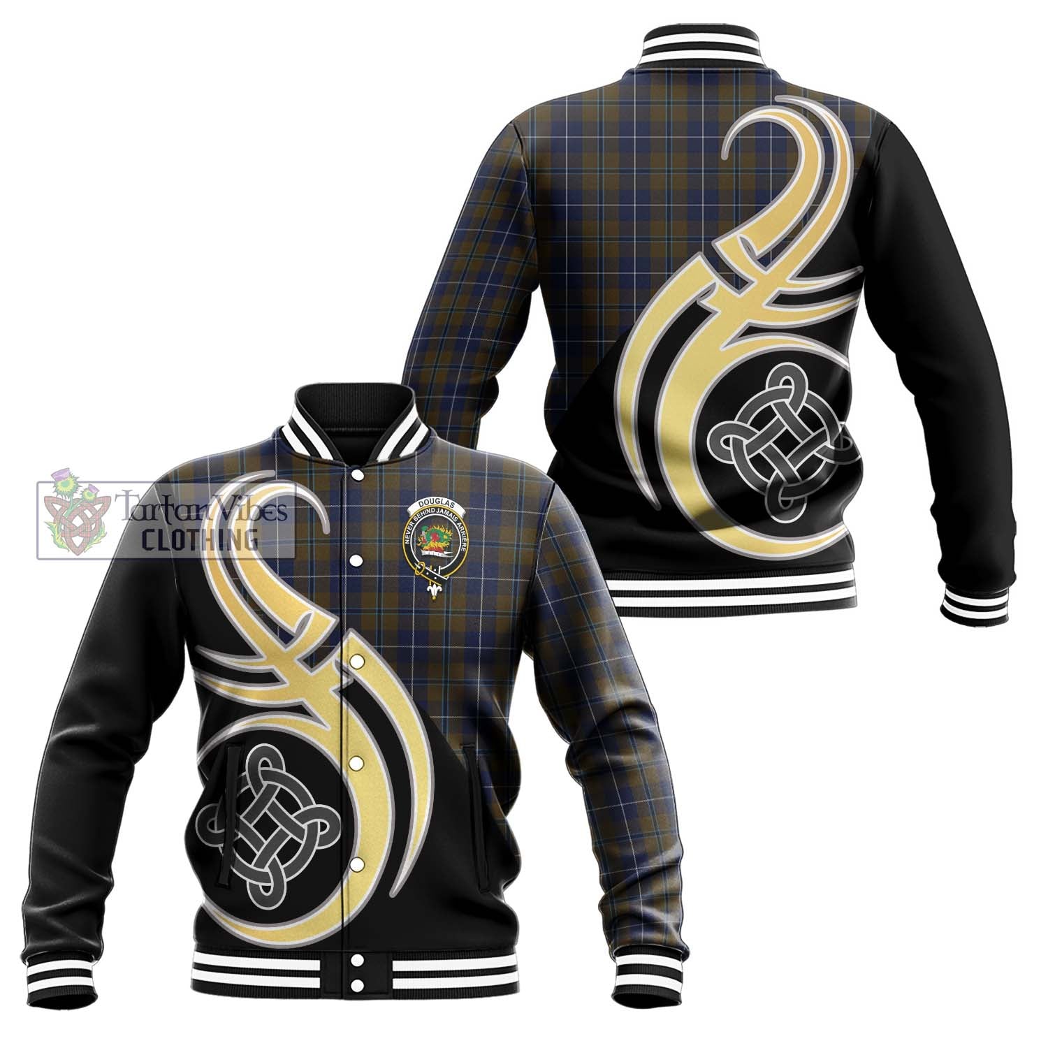 Douglas Brown Tartan Baseball Jacket with Family Crest and Celtic Symbol Style Unisex - Tartan Vibes Clothing