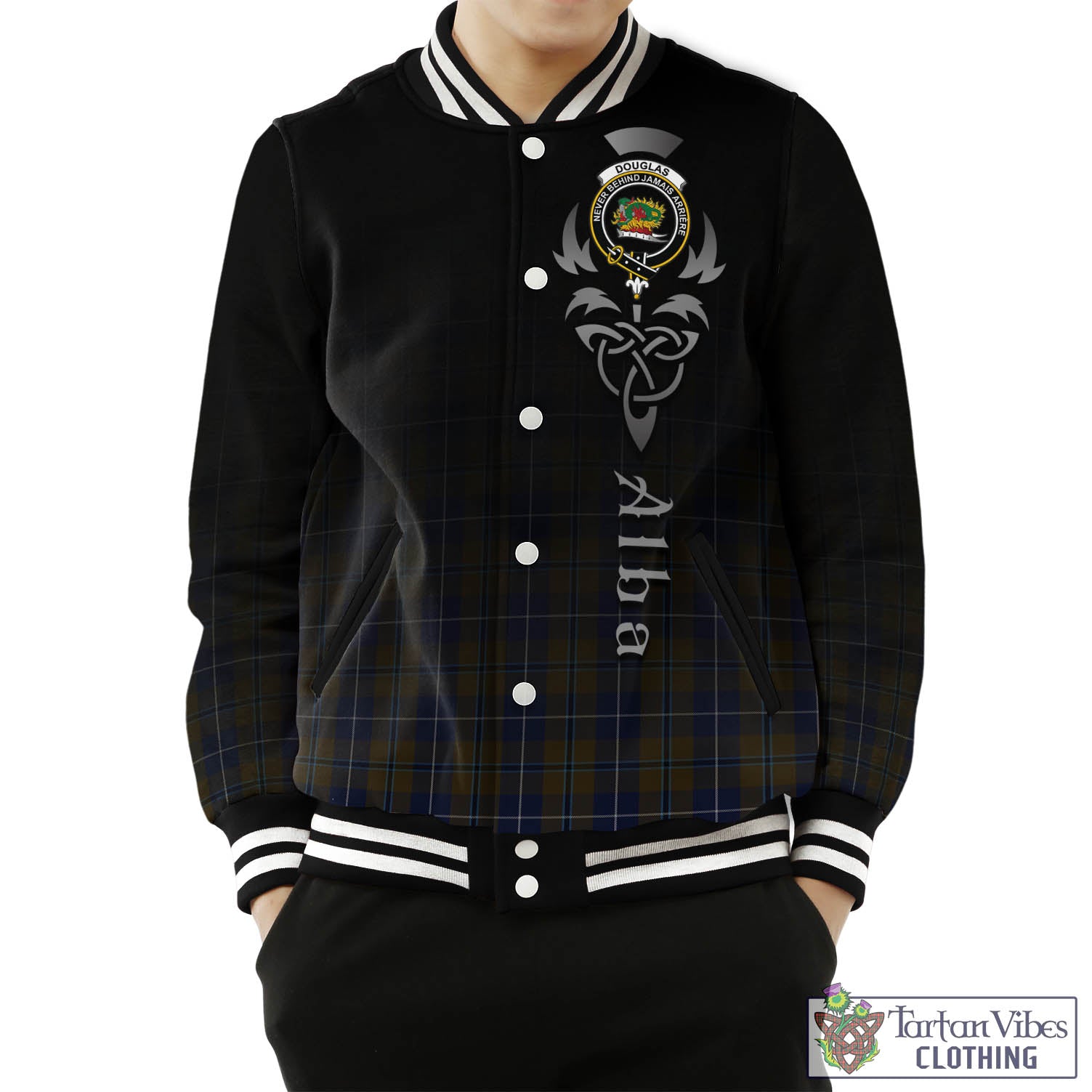 Tartan Vibes Clothing Douglas Brown Tartan Baseball Jacket Featuring Alba Gu Brath Family Crest Celtic Inspired