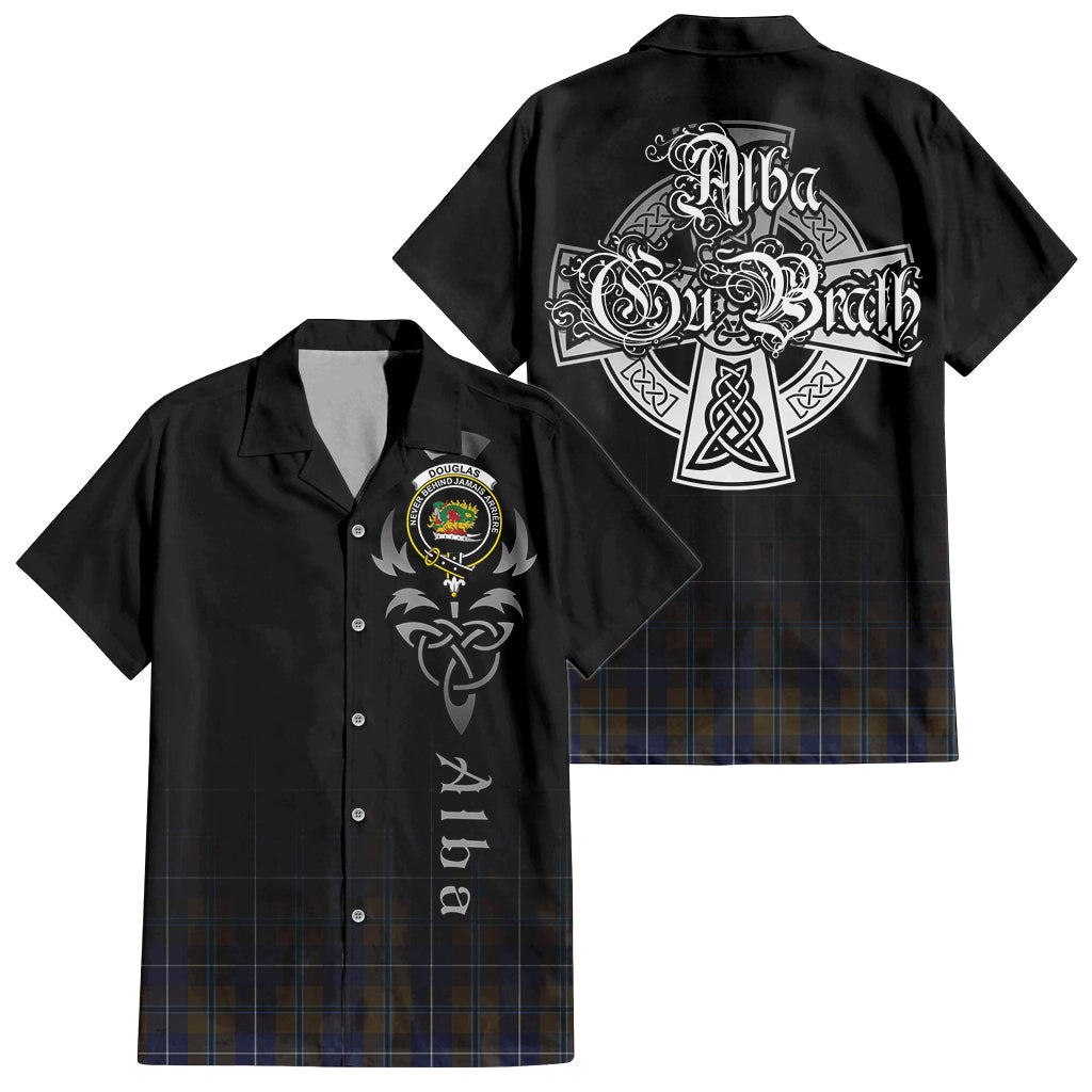 Tartan Vibes Clothing Douglas Brown Tartan Short Sleeve Button Up Featuring Alba Gu Brath Family Crest Celtic Inspired