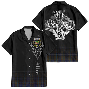 Douglas Brown Tartan Short Sleeve Button Up Shirt Featuring Alba Gu Brath Family Crest Celtic Inspired