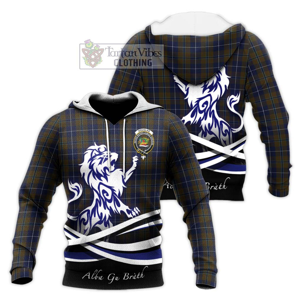 Douglas Brown Tartan Knitted Hoodie with Alba Gu Brath Regal Lion Emblem Unisex Knitted Pullover Hoodie - Tartanvibesclothing Shop