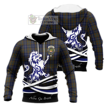 Douglas Brown Tartan Knitted Hoodie with Alba Gu Brath Regal Lion Emblem