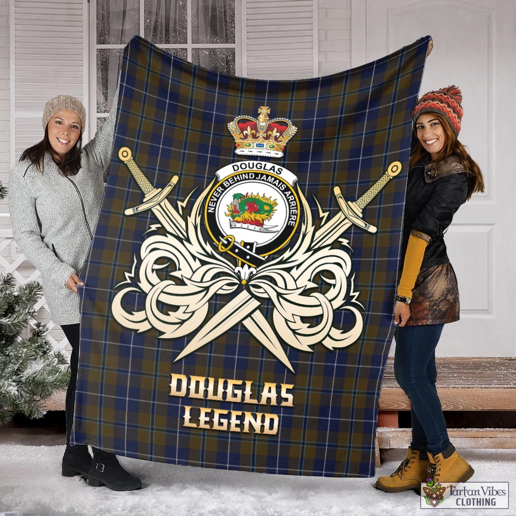 Tartan Vibes Clothing Douglas Brown Tartan Blanket with Clan Crest and the Golden Sword of Courageous Legacy