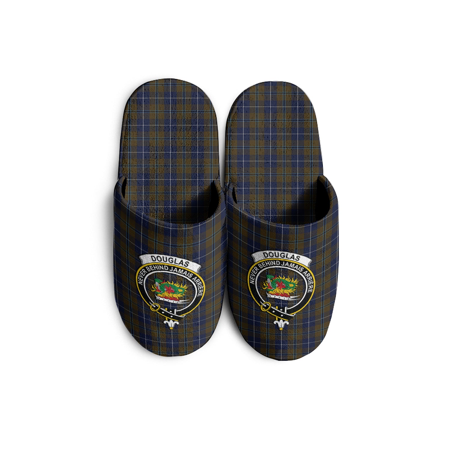 Douglas Brown Tartan Home Slippers with Family Crest - Tartanvibesclothing