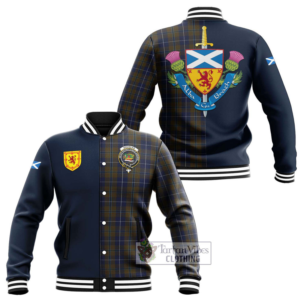 Tartan Vibes Clothing Douglas Brown Tartan Baseball Jacket with Scottish Lion Royal Arm Half Style