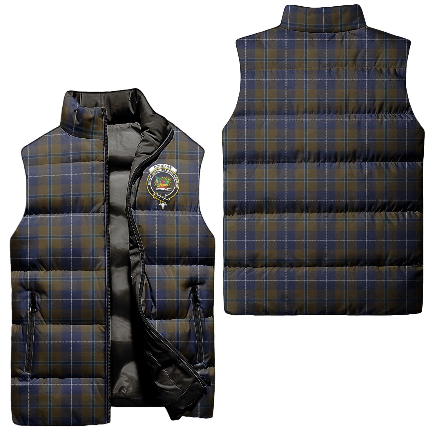 Douglas Brown Tartan Sleeveless Puffer Jacket with Family Crest Unisex - Tartanvibesclothing