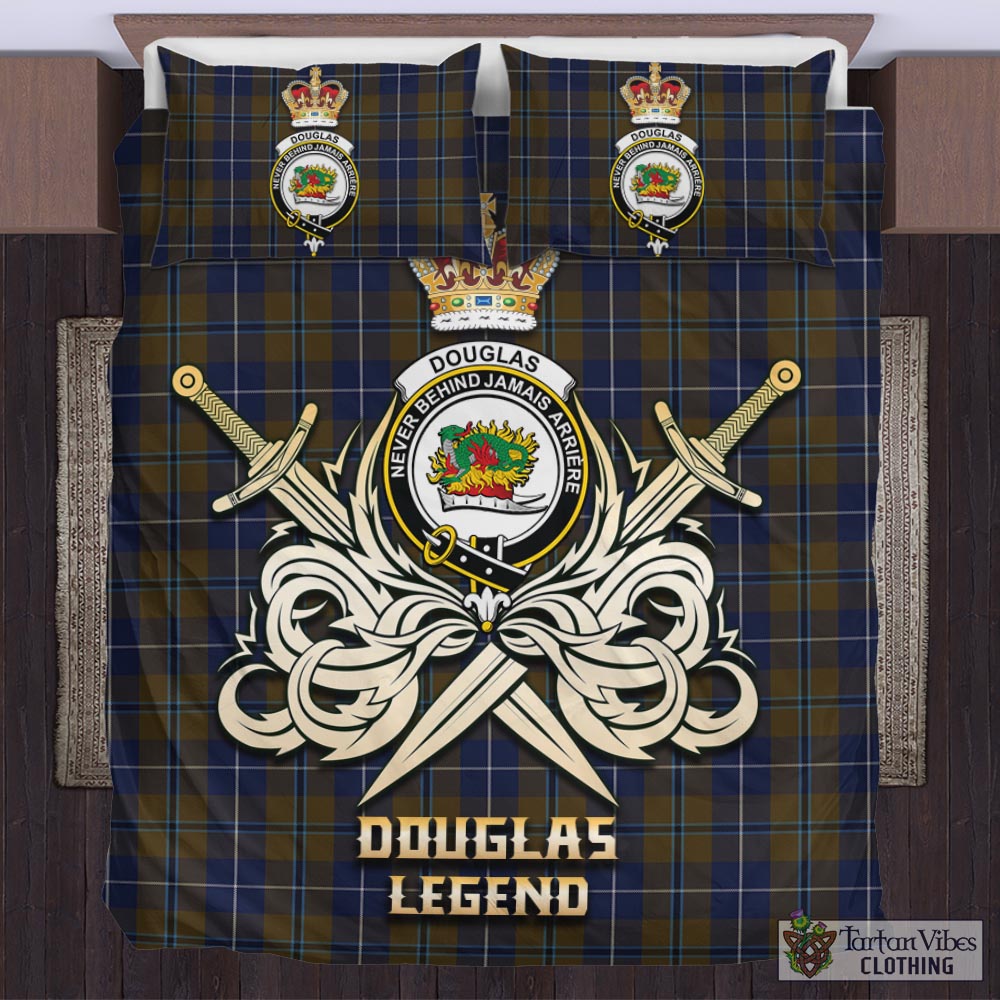 Tartan Vibes Clothing Douglas Brown Tartan Bedding Set with Clan Crest and the Golden Sword of Courageous Legacy