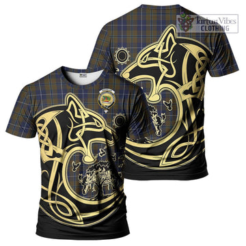 Douglas Brown Tartan T-Shirt with Family Crest Celtic Wolf Style