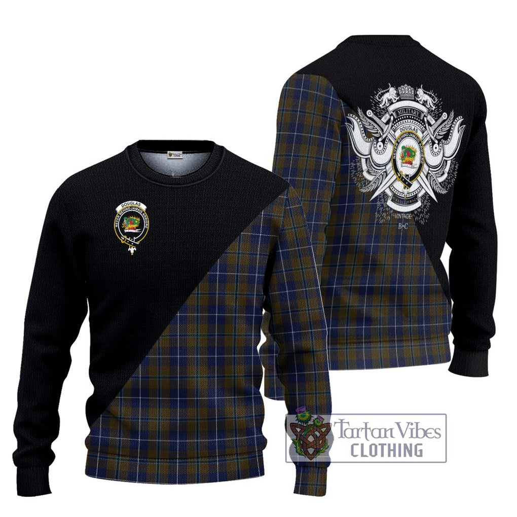 Douglas Brown Tartan Knitted Sweater with Family Crest and Military Logo Style Unisex - Tartanvibesclothing Shop