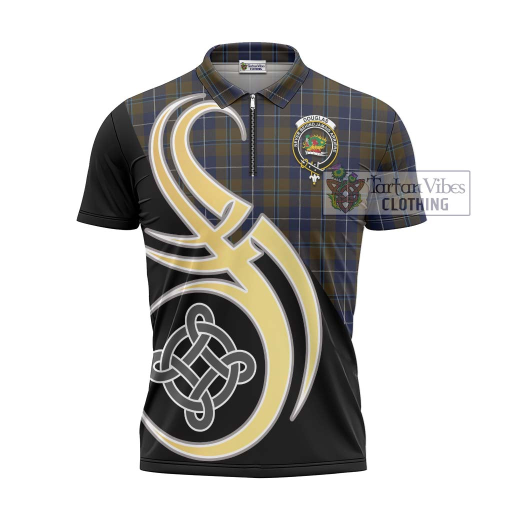 Tartan Vibes Clothing Douglas Brown Tartan Zipper Polo Shirt with Family Crest and Celtic Symbol Style