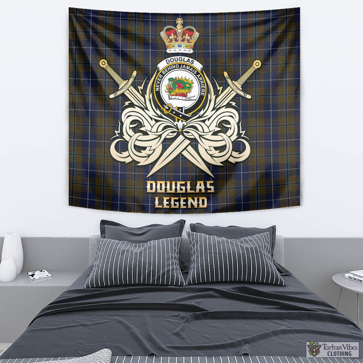 Tartan Vibes Clothing Douglas Brown Tartan Tapestry with Clan Crest and the Golden Sword of Courageous Legacy