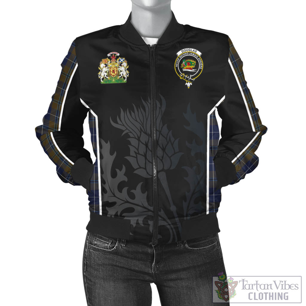 Tartan Vibes Clothing Douglas Brown Tartan Bomber Jacket with Family Crest and Scottish Thistle Vibes Sport Style