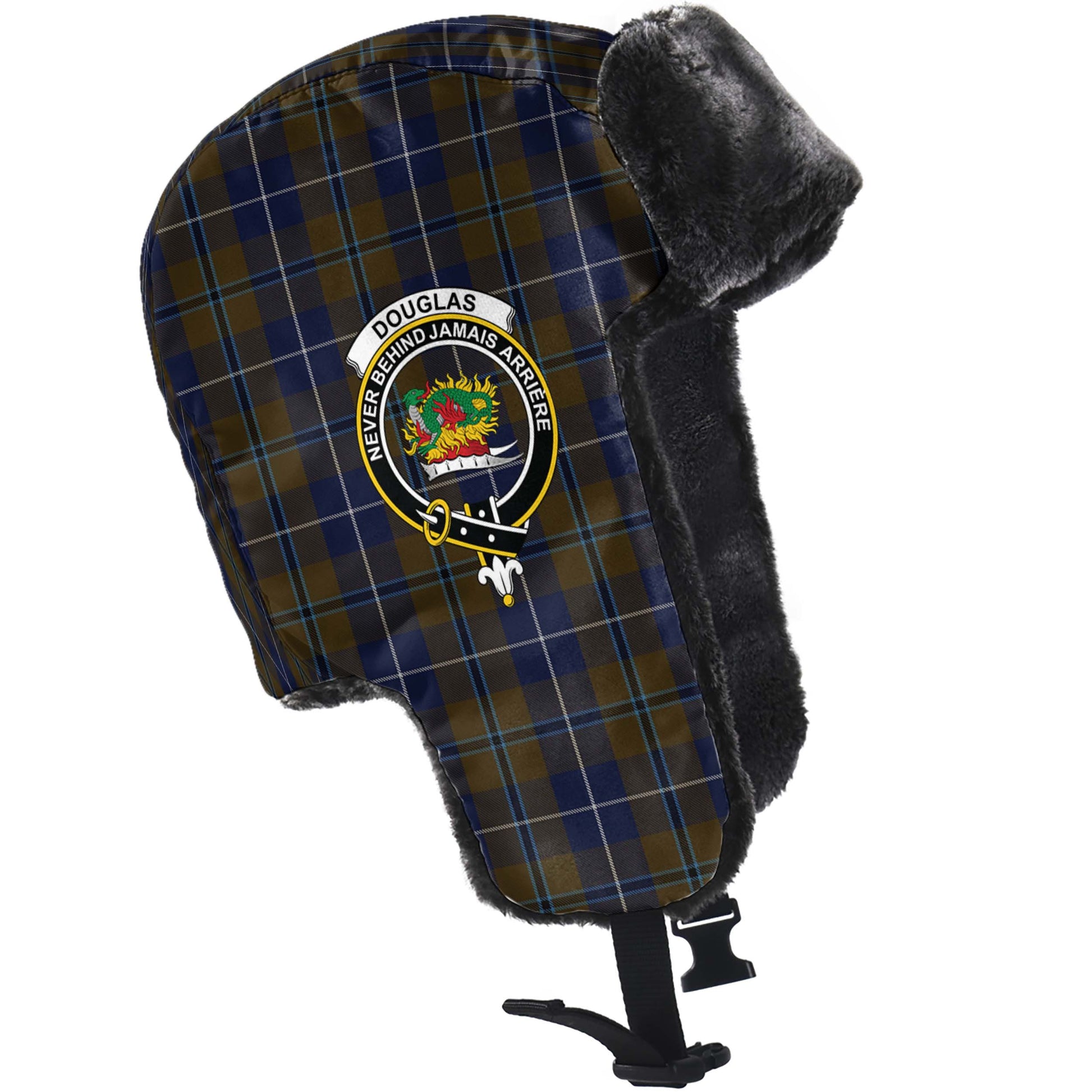 Douglas Brown Tartan Winter Trapper Hat with Family Crest - Tartanvibesclothing