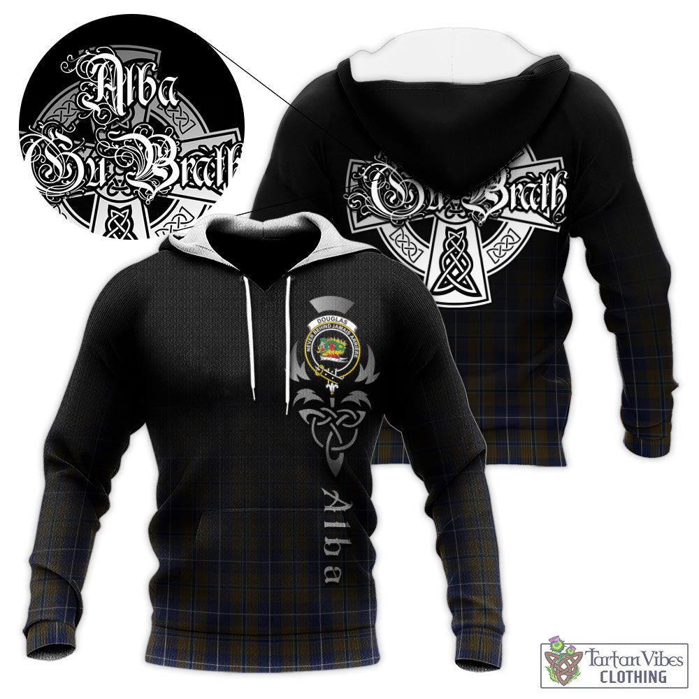 Tartan Vibes Clothing Douglas Brown Tartan Knitted Hoodie Featuring Alba Gu Brath Family Crest Celtic Inspired