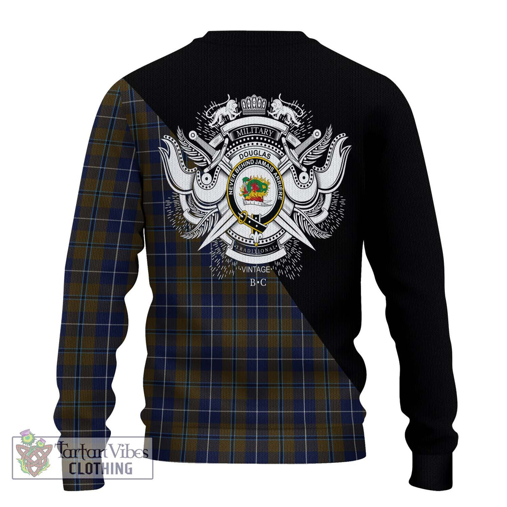 Douglas Brown Tartan Knitted Sweater with Family Crest and Military Logo Style - Tartanvibesclothing Shop