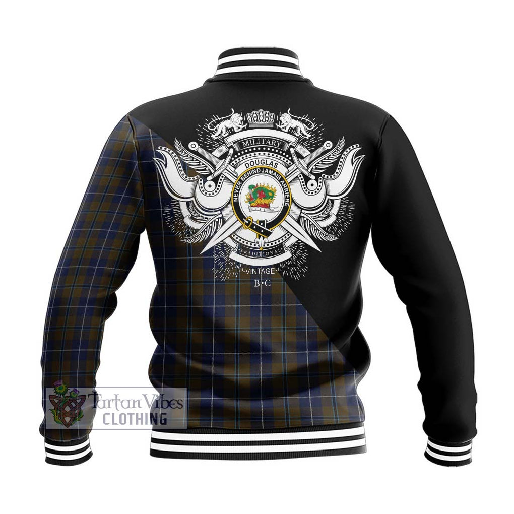 Douglas Brown Tartan Baseball Jacket with Family Crest and Military Logo Style - Tartanvibesclothing Shop