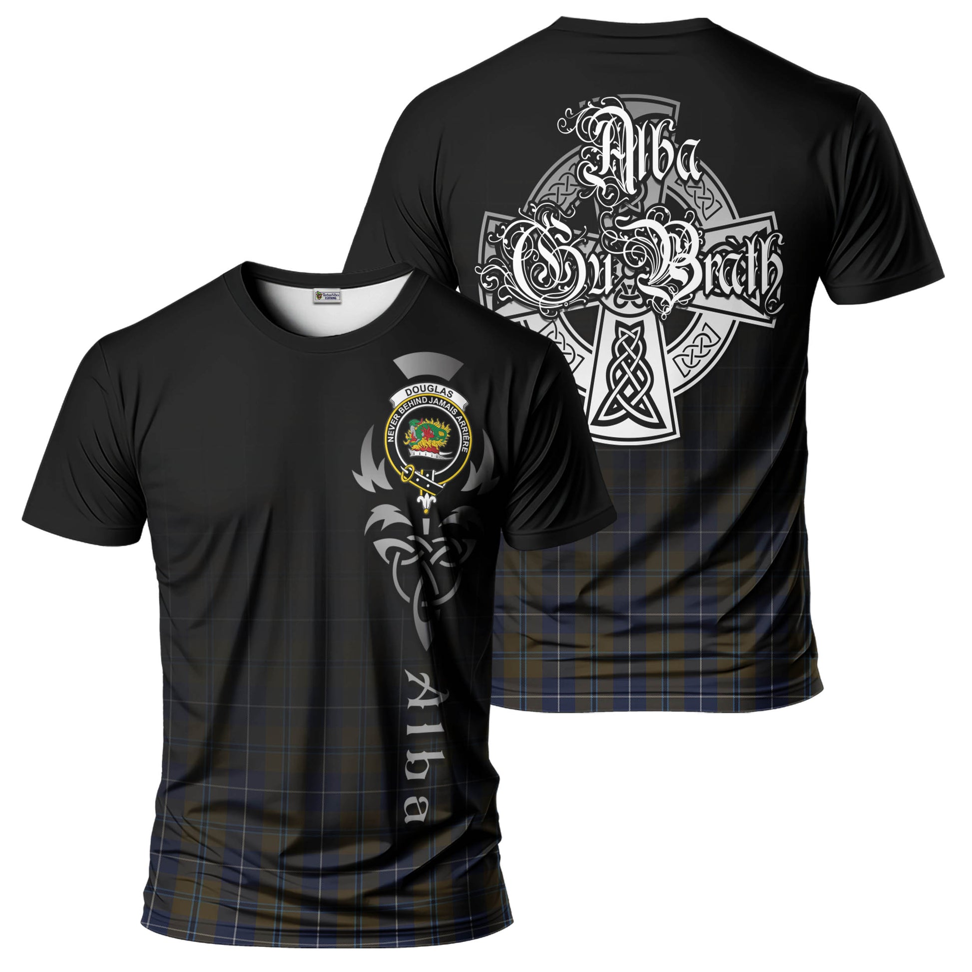 Tartan Vibes Clothing Douglas Brown Tartan T-Shirt Featuring Alba Gu Brath Family Crest Celtic Inspired