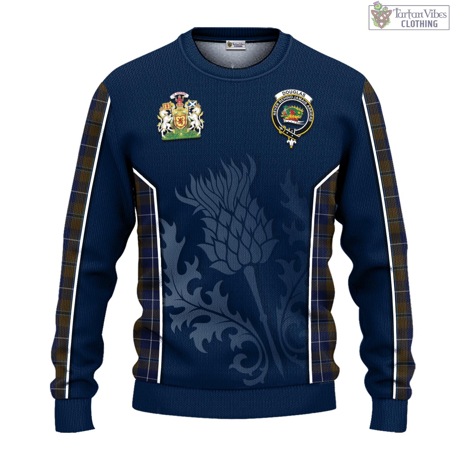 Tartan Vibes Clothing Douglas Brown Tartan Knitted Sweatshirt with Family Crest and Scottish Thistle Vibes Sport Style