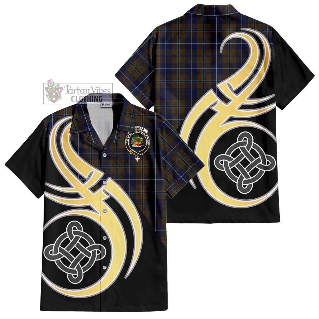 Douglas Brown Tartan Short Sleeve Button Shirt with Family Crest and Celtic Symbol Style - Tartan Vibes Clothing