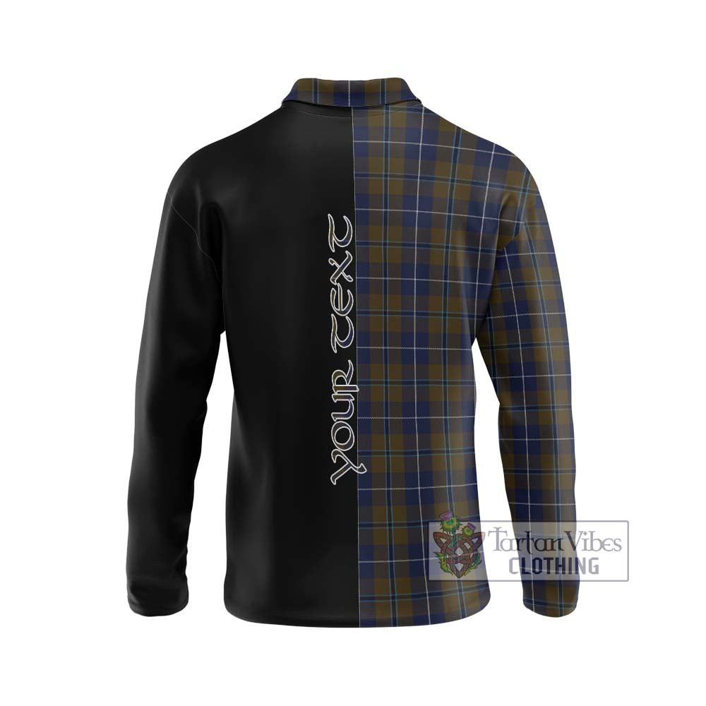 Douglas Brown Tartan Long Sleeve Polo Shirt with Family Crest and Half Of Me Style - Tartanvibesclothing Shop