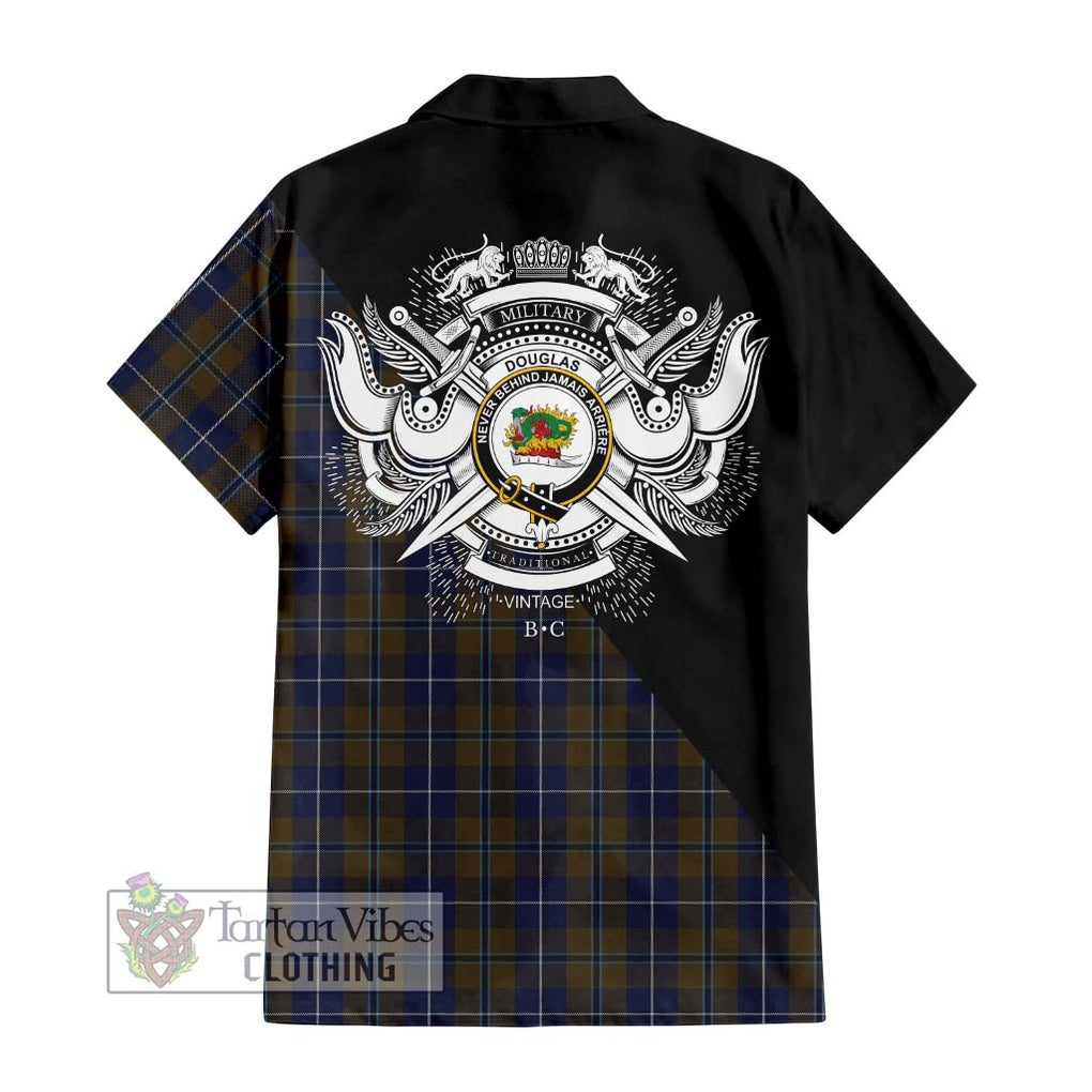 Douglas Brown Tartan Short Sleeve Button Shirt with Family Crest and Military Logo Style - Tartanvibesclothing Shop