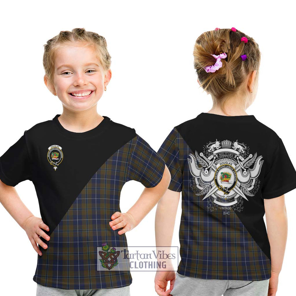 Douglas Brown Tartan Kid T-Shirt with Family Crest and Military Logo Style - Tartanvibesclothing Shop