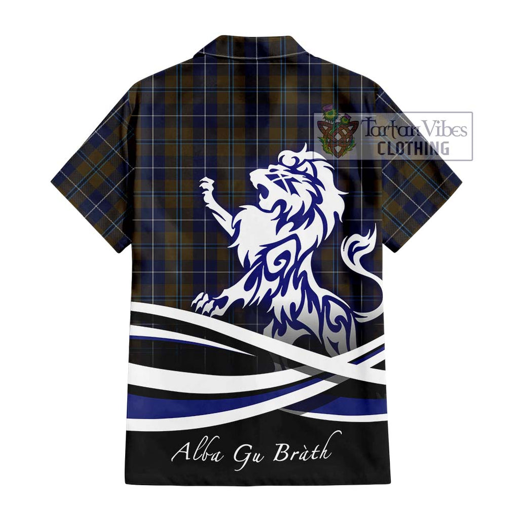 Douglas Brown Tartan Short Sleeve Button Shirt with Alba Gu Brath Regal Lion Emblem - Tartanvibesclothing Shop